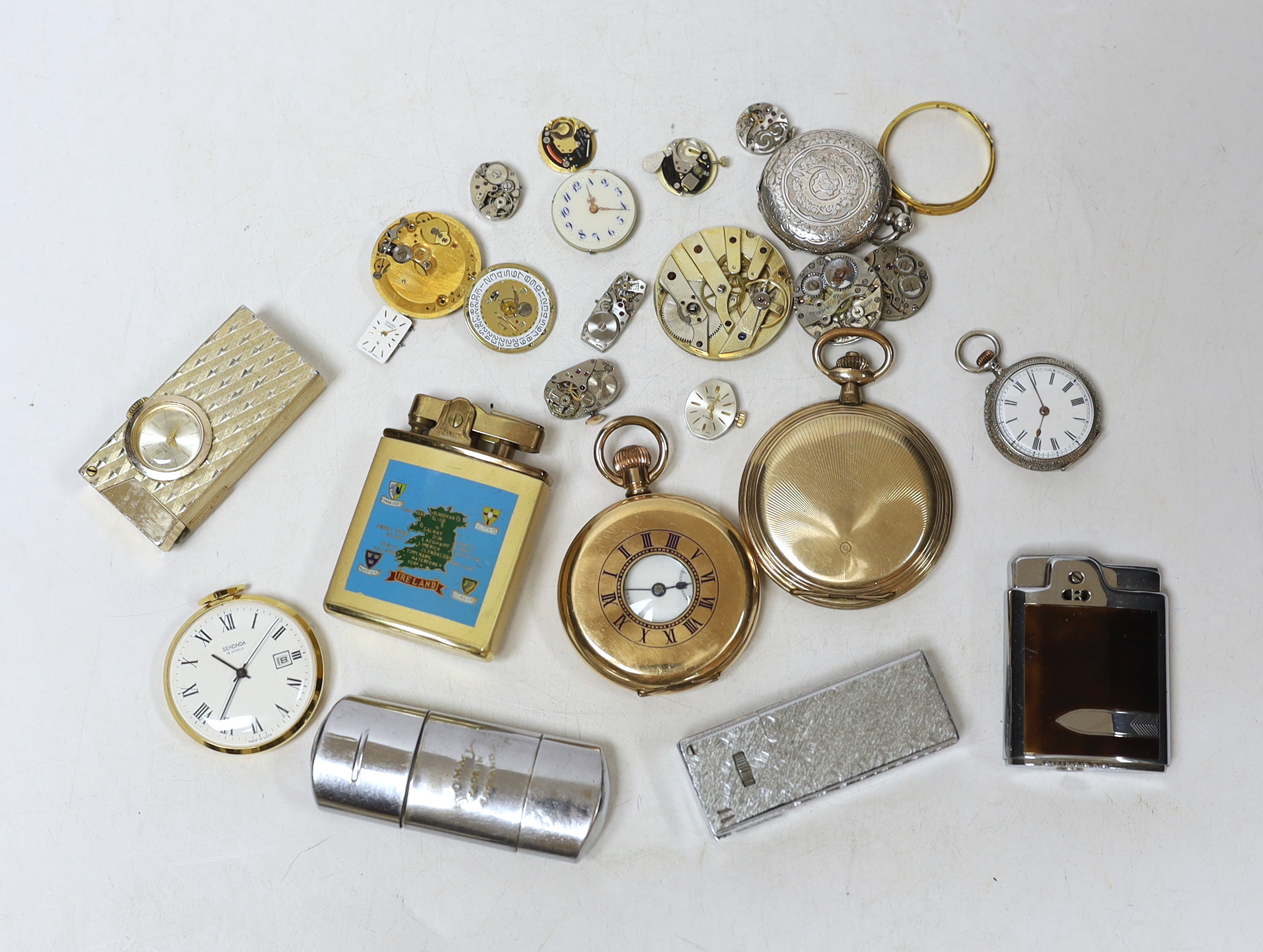 An assortment of pocket watches, lighters etc, including a gold plated half hunter.